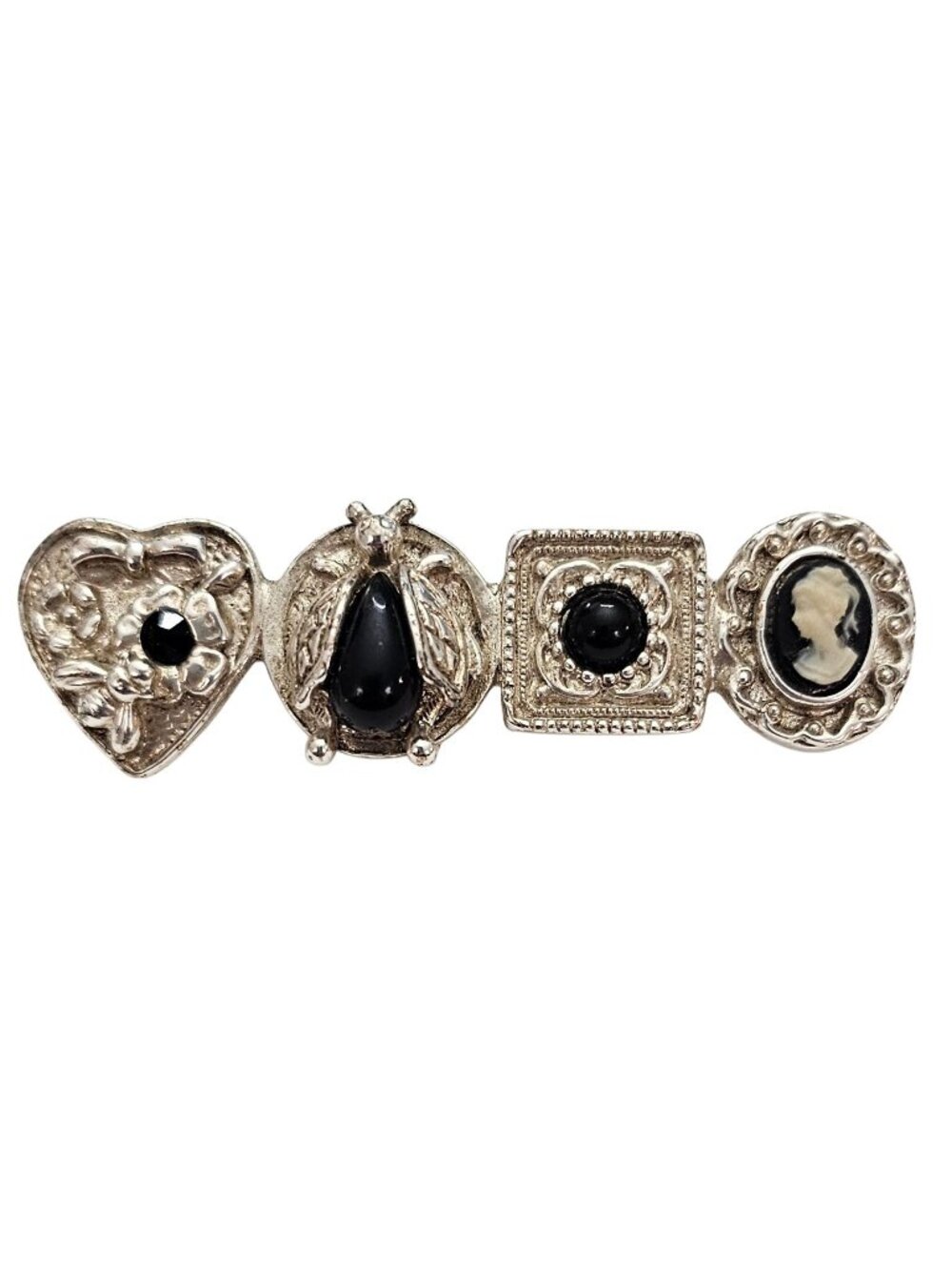 1928 Brand ST Victorian-Style Cameo Bug Heart Bar Brooch Rhinestone Pin, J2